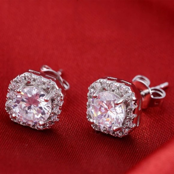 NEW 925 Silver Round Diamond Halo Stud Earrings - Picture 2 of 10